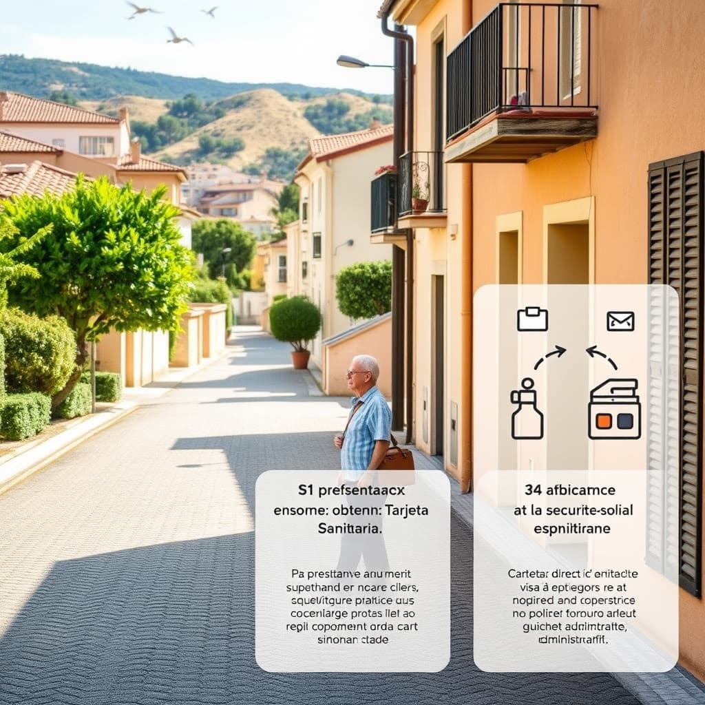 Infographie en trois colonnes illustrant les trois voies d’accès aux soins en Espagne : S1, assurance privée, affiliation directe.